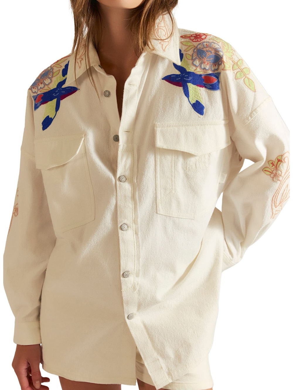 Free People Cream Button-Down Shirt Jacket with Blue & Multicolor Embroidery